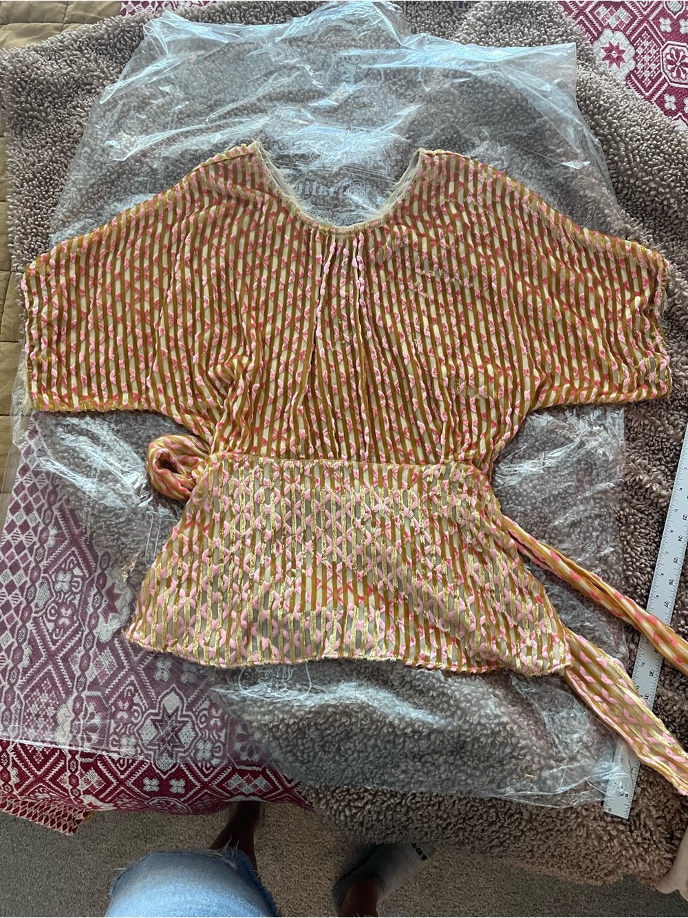 Rachel Comey Pink and Mustard Raw Silk Striped Textured Top with Tie